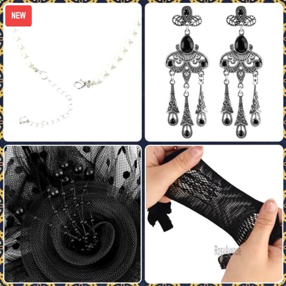 Vintage Fascinator Hat Set with Pearl Necklace Lace Gloves Earrings Feather Fan - Picture 4 of 7